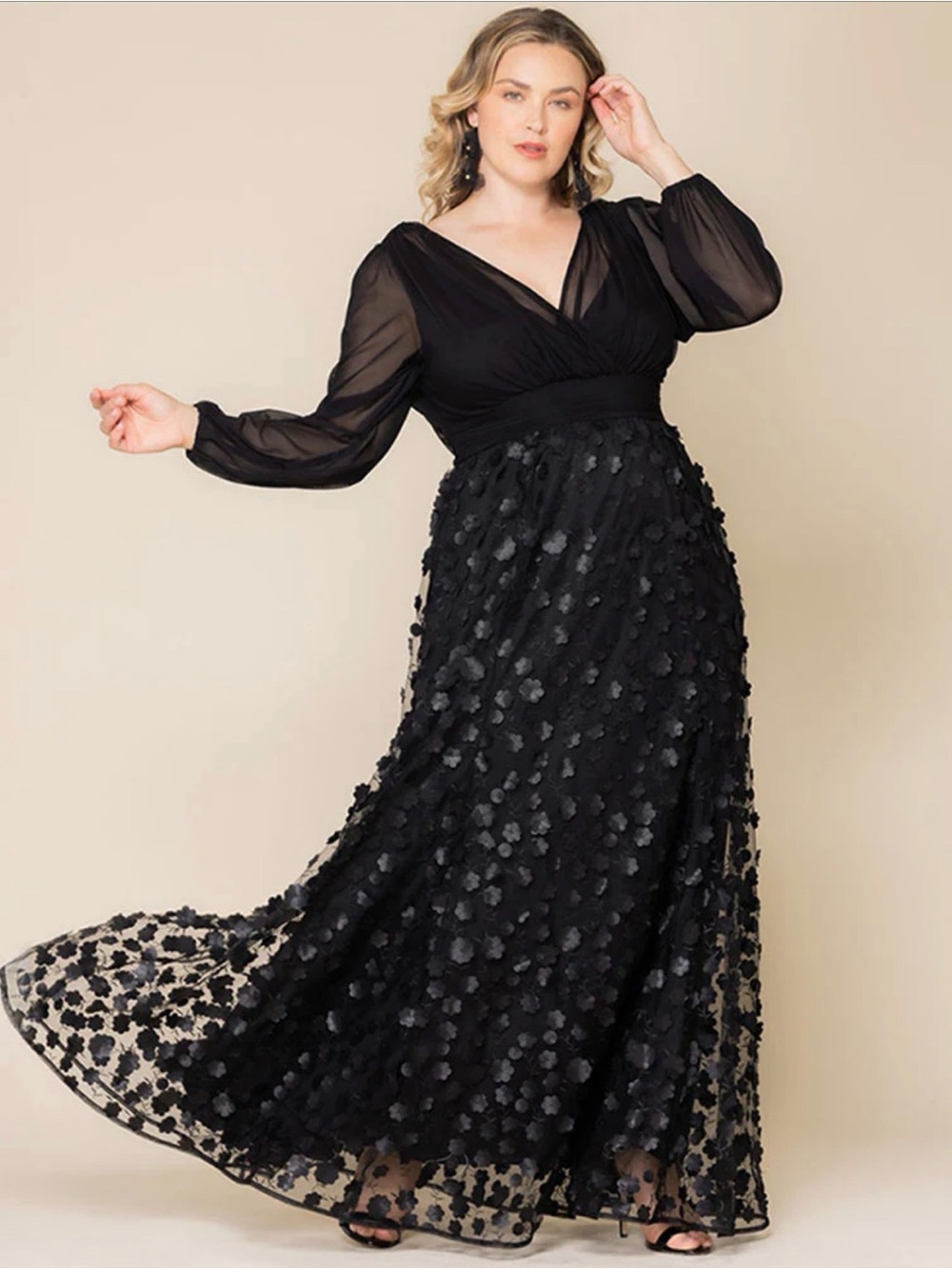Kiyonna Black Maxi Dress with 3D Floral Skirt